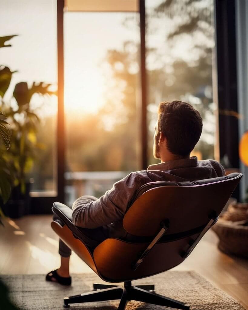 Person relaxing in modern chair by window